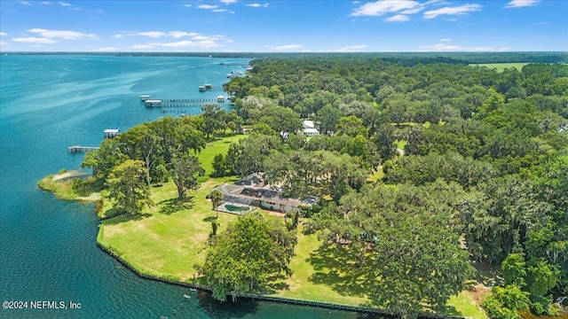 drone / aerial view featuring a water view