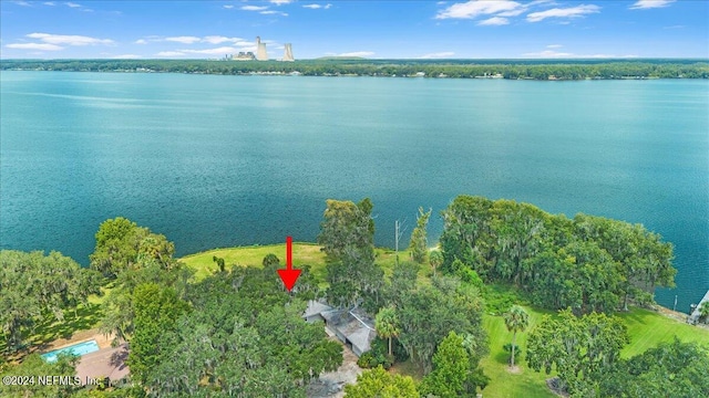 birds eye view of property featuring a water view