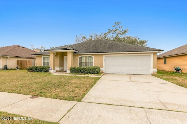 view of front of home with an attached garage, concrete driveway, roof with shingles, stucco siding, and a front lawn