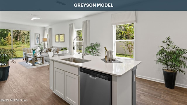 kitchen with sink, dark hardwood / wood-style flooring, stainless steel dishwasher, white cabinets, and a kitchen island with sink