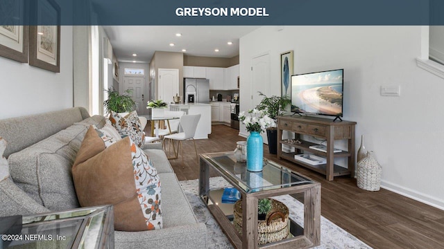 living room with dark hardwood / wood-style flooring