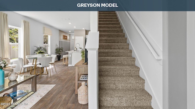 staircase with hardwood / wood-style flooring