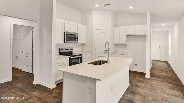 kitchen with a kitchen island with sink, sink, white cabinets, and stainless steel appliances