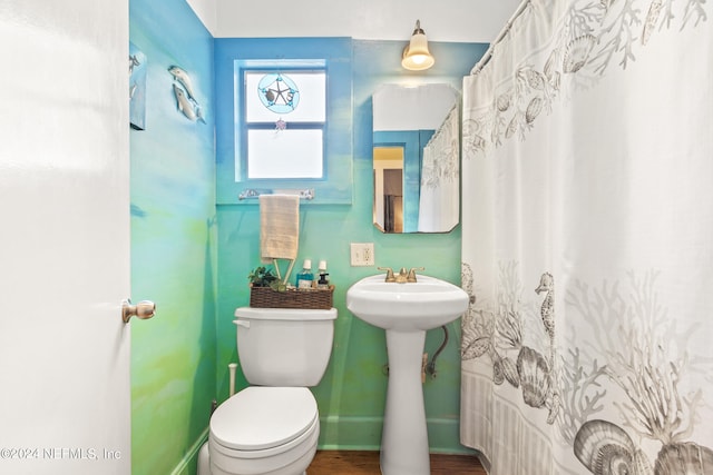 bathroom with sink, hardwood / wood-style floors, and toilet