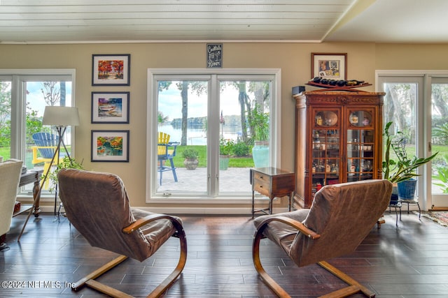 sitting room with dark hardwood / wood-style flooring and a healthy amount of sunlight