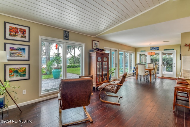 interior space featuring wood ceiling, dark hardwood / wood-style flooring, and lofted ceiling