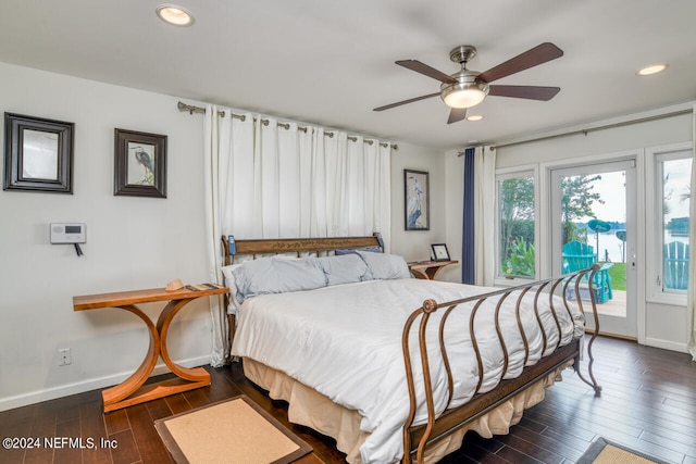 bedroom with ceiling fan, access to outside, and dark hardwood / wood-style floors