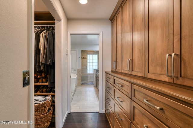 spacious closet featuring dark hardwood / wood-style flooring