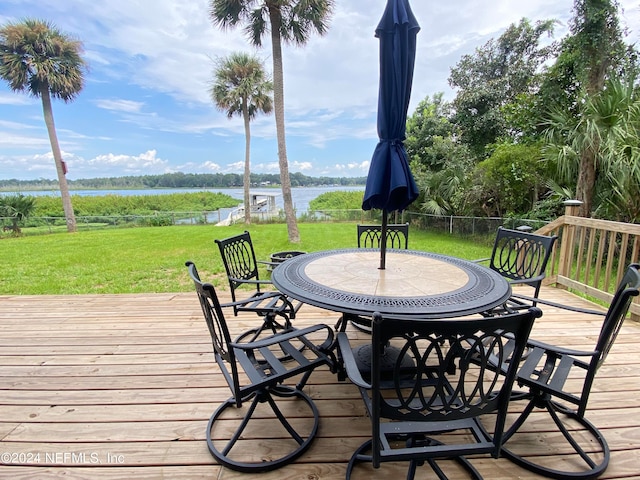 wooden deck with a lawn and a water view