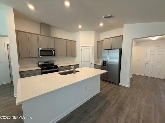 kitchen with gray cabinets, a sink, stainless steel appliances, lofted ceiling, and dark wood-style flooring