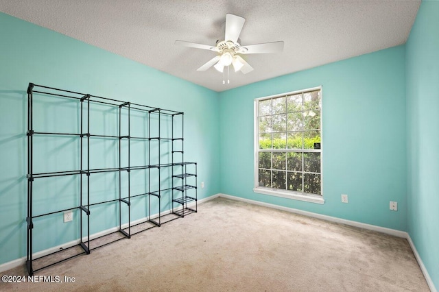 empty room featuring ceiling fan, a textured ceiling, and carpet