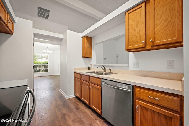 kitchen featuring dark hardwood / wood-style flooring, range, dishwasher, sink, and a notable chandelier