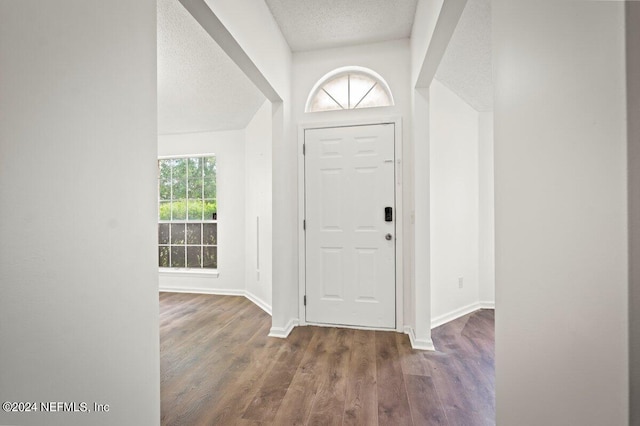 foyer entrance with a textured ceiling, vaulted ceiling, and hardwood / wood-style flooring