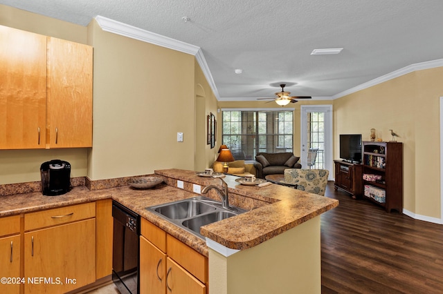 kitchen with dark wood-type flooring, a sink, black dishwasher, open floor plan, and crown molding