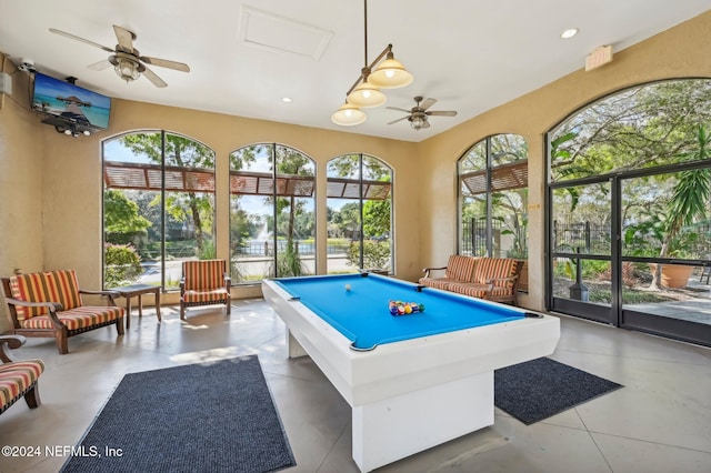 playroom featuring recessed lighting, pool table, plenty of natural light, and ceiling fan