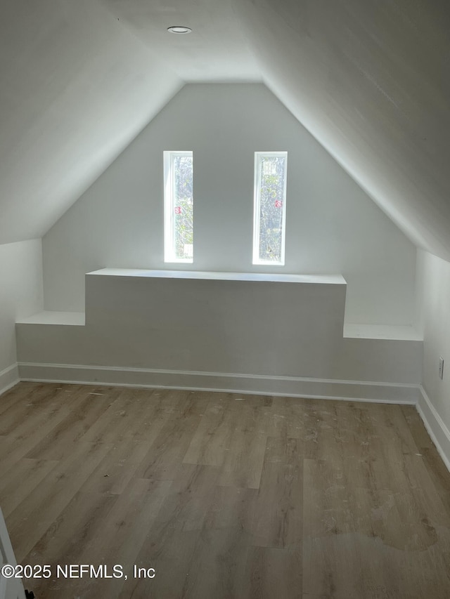 additional living space with lofted ceiling, baseboards, and wood finished floors