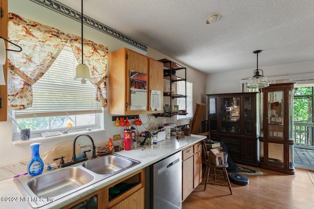 kitchen featuring stainless steel dishwasher, light countertops, a healthy amount of sunlight, and a sink