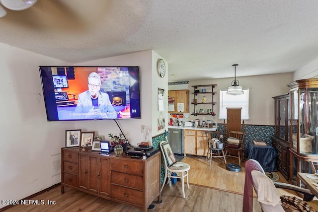 living area featuring light wood-style flooring and a textured ceiling