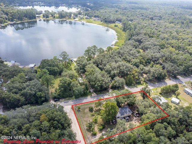 aerial view featuring a view of trees and a water view