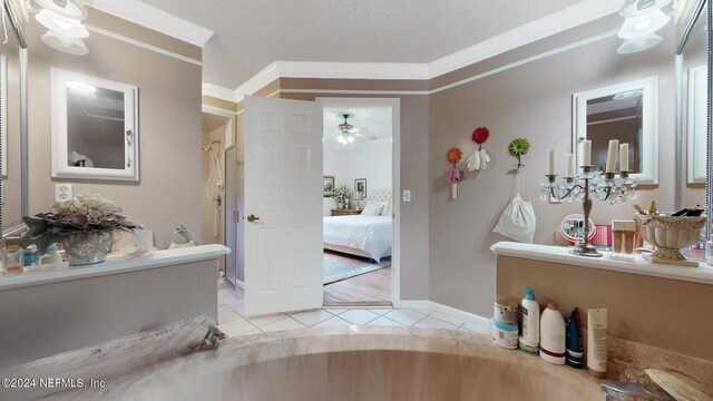 interior space featuring tile patterned flooring, walk in shower, crown molding, and ceiling fan