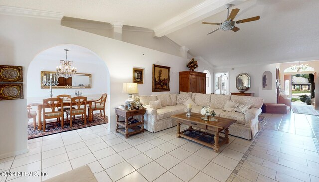 living room with light tile patterned floors, ceiling fan with notable chandelier, and lofted ceiling with beams