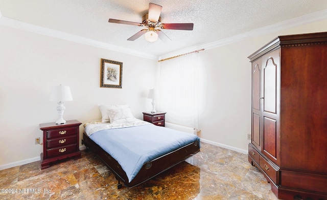 bedroom featuring a textured ceiling, crown molding, ceiling fan, and dark tile patterned floors