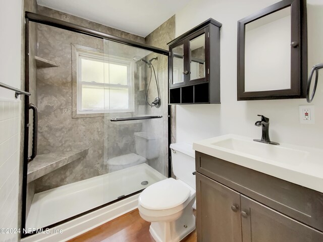 bathroom with toilet, vanity, and walk in shower