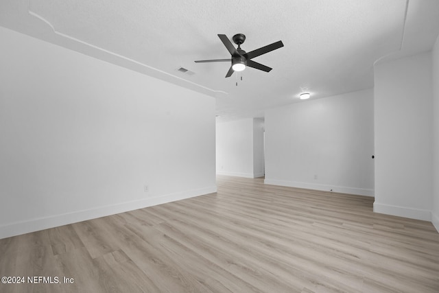 unfurnished living room featuring ceiling fan, a textured ceiling, and light hardwood / wood-style flooring