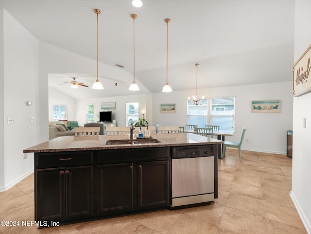 kitchen with sink, plenty of natural light, vaulted ceiling, and stainless steel dishwasher