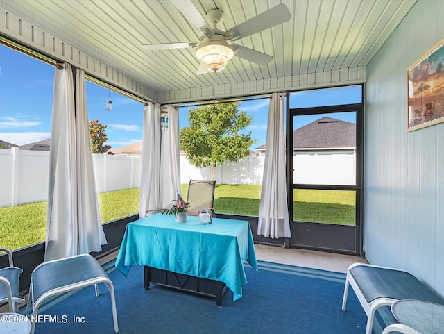 sunroom featuring a wealth of natural light, ceiling fan, and wood ceiling