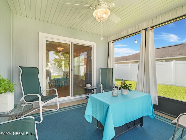 sunroom featuring ceiling fan, a healthy amount of sunlight, and wood ceiling