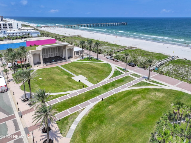 aerial view featuring a beach view and a water view