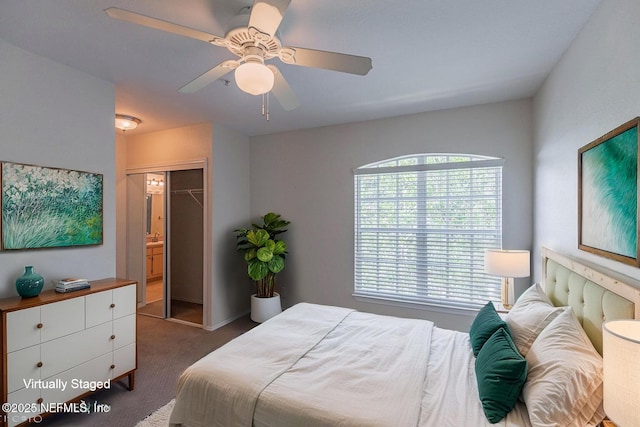 bedroom featuring a closet, a ceiling fan, and carpet flooring