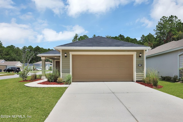 single story home with a front lawn