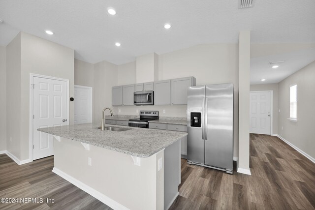 kitchen featuring light stone countertops, dark hardwood / wood-style flooring, a kitchen island with sink, stainless steel appliances, and sink