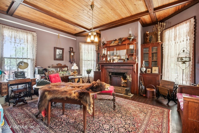 sitting room with dark wood-type flooring, wood ceiling, and beamed ceiling