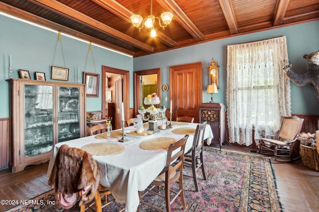 dining room with wooden ceiling, hardwood / wood-style flooring, an inviting chandelier, and beamed ceiling