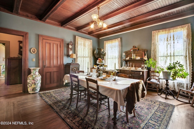 dining area with beam ceiling, wood ceiling, a chandelier, and hardwood / wood-style floors