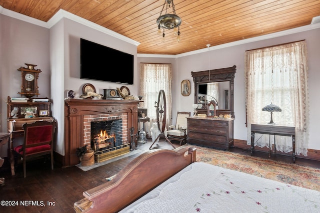 bedroom featuring a brick fireplace, wooden ceiling, wood-type flooring, and crown molding