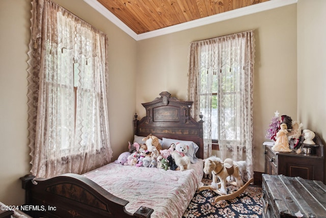 bedroom featuring ornamental molding and wood ceiling