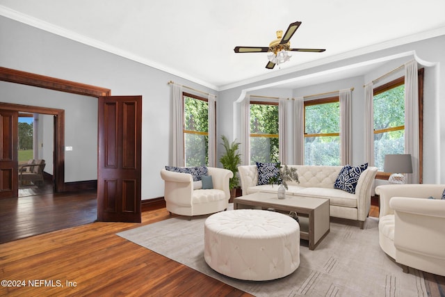 living room featuring ceiling fan, wood-type flooring, and crown molding