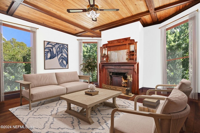 living room featuring ceiling fan, dark hardwood / wood-style flooring, beam ceiling, and wood ceiling