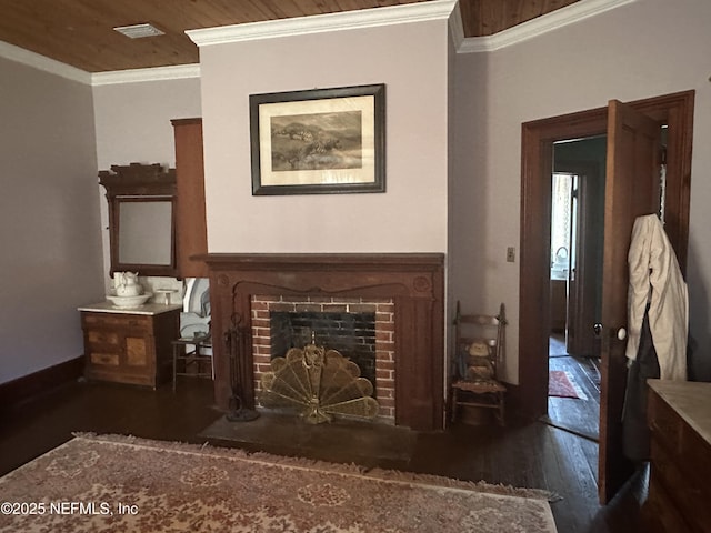 interior space with a fireplace, wood ceiling, ornamental molding, and dark hardwood / wood-style floors