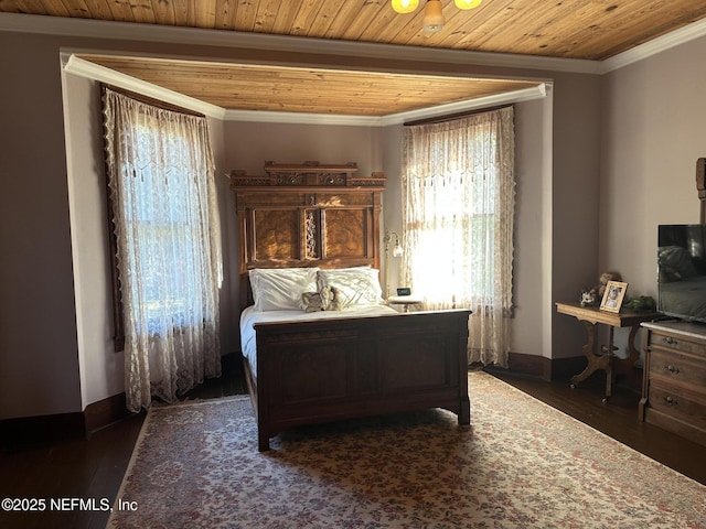 bedroom with dark hardwood / wood-style flooring, wood ceiling, and ornamental molding