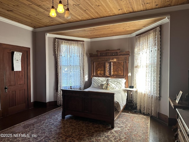 bedroom featuring dark wood-type flooring, crown molding, and wooden ceiling