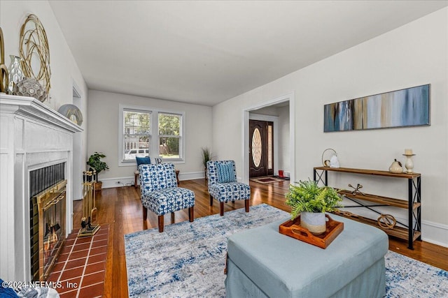 living room with a fireplace and dark wood-type flooring