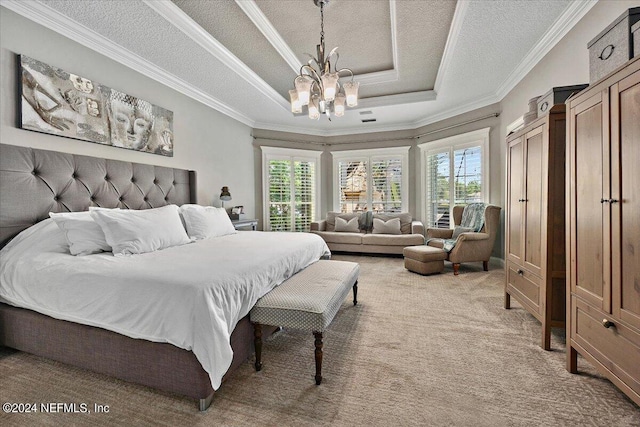 bedroom with ornamental molding, light colored carpet, a textured ceiling, and an inviting chandelier