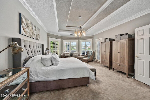 bedroom with ornamental molding, carpet, and a raised ceiling