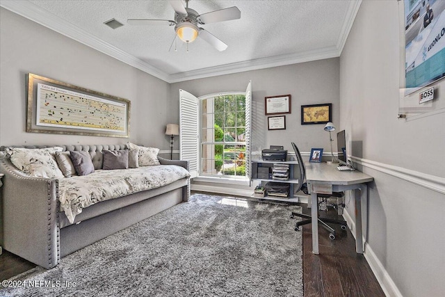 office space with dark hardwood / wood-style flooring, a textured ceiling, and ornamental molding