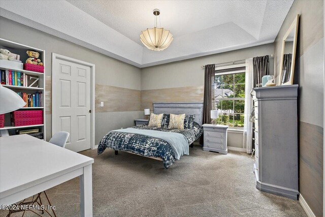 bedroom featuring carpet flooring, a textured ceiling, and a tray ceiling